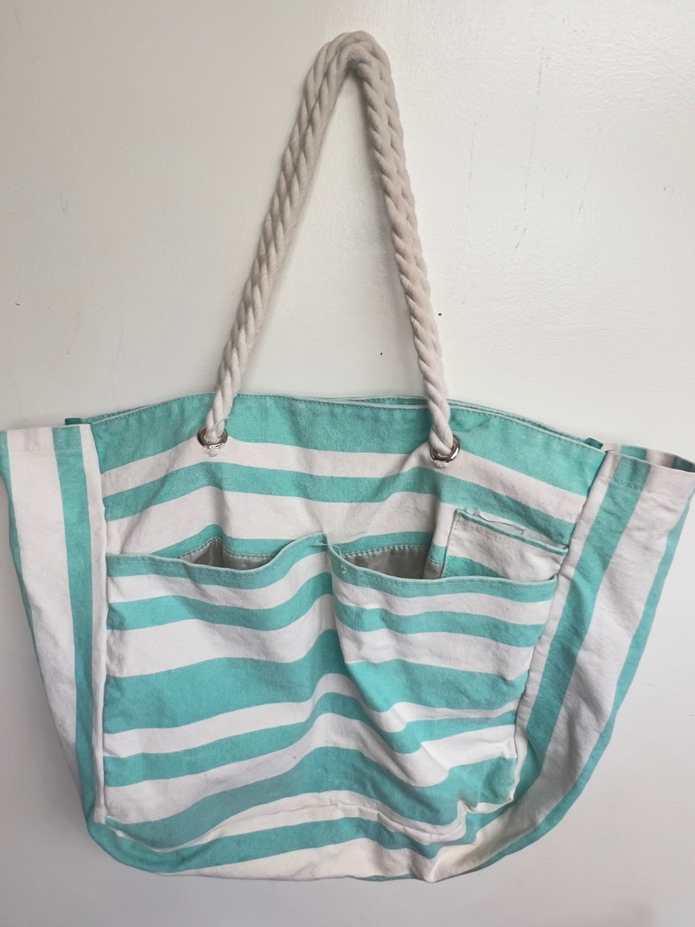 Striped Mint and White Rope-Handle Beach Tote